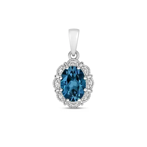 Diamond & Oval London Blue Topaz 0.93ct Pendant 9ct White Gold